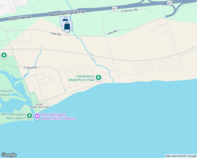 map of restaurants, bars, coffee shops, grocery stores, and more near Port Darlington Road in Bowmanville