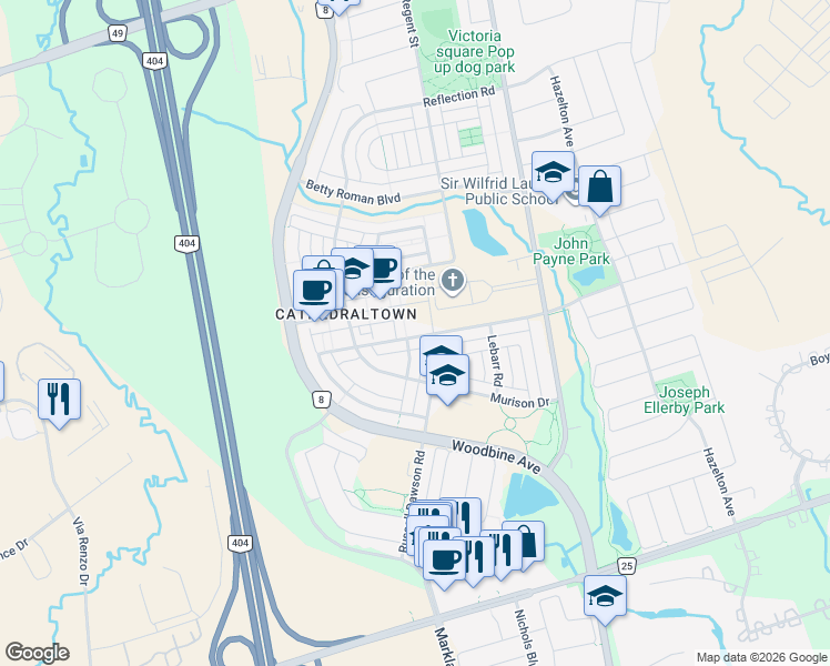 map of restaurants, bars, coffee shops, grocery stores, and more near 101 Cathedral High Street in Markham