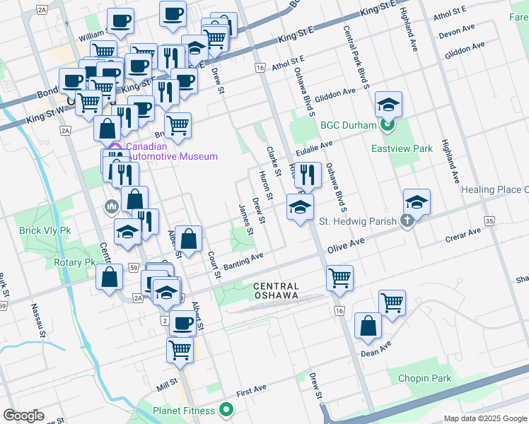 map of restaurants, bars, coffee shops, grocery stores, and more near 249 Drew Street in Oshawa