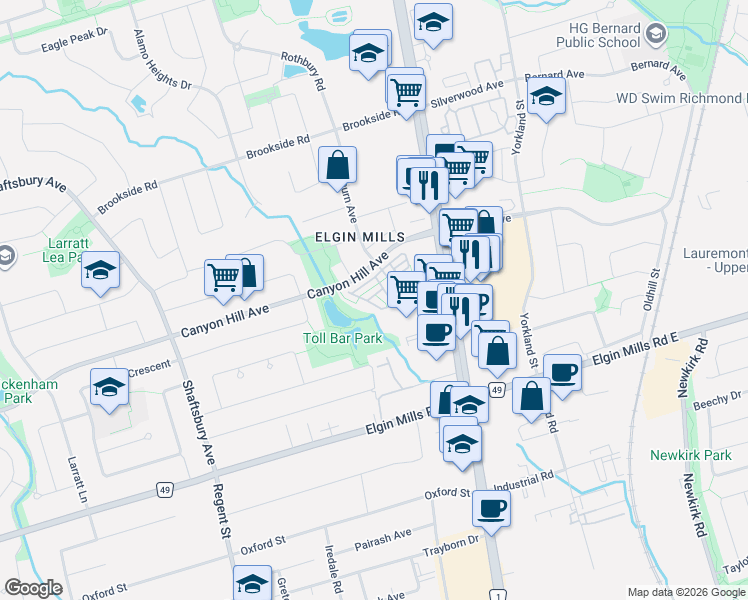 map of restaurants, bars, coffee shops, grocery stores, and more near 35 Nine Mile Lane in Richmond Hill