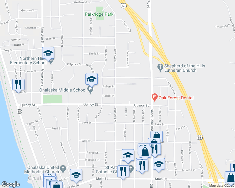 map of restaurants, bars, coffee shops, grocery stores, and more near 733 10th Avenue North in Onalaska