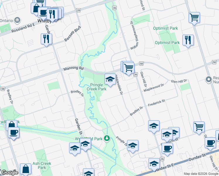 map of restaurants, bars, coffee shops, grocery stores, and more near 80 Ribblesdale Drive in Whitby
