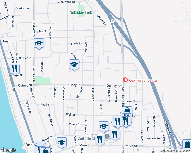 map of restaurants, bars, coffee shops, grocery stores, and more near 733 10th Avenue North in Onalaska