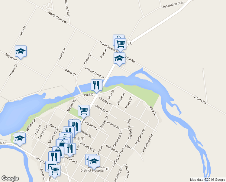 map of restaurants, bars, coffee shops, grocery stores, and more near 541 Alice Street in Wingham