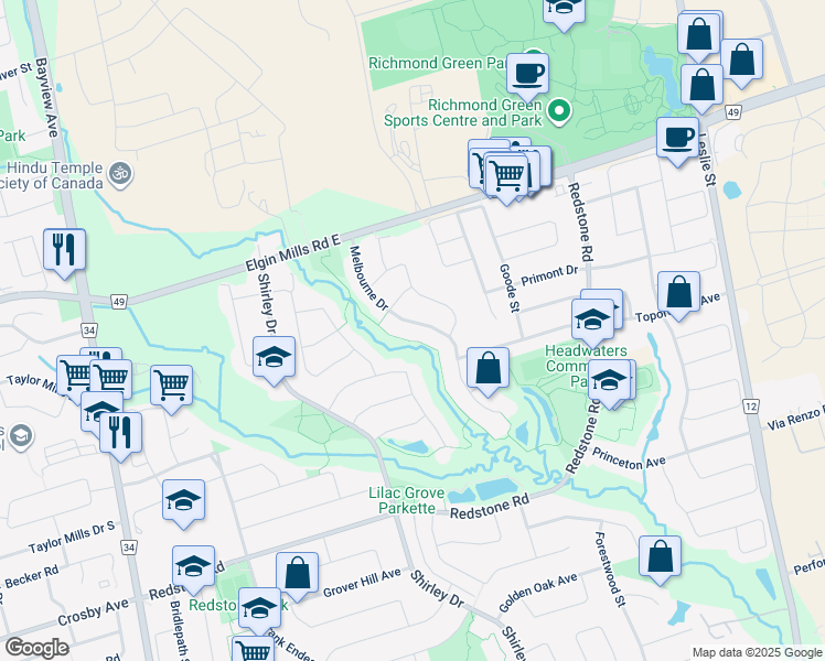 map of restaurants, bars, coffee shops, grocery stores, and more near 62 Melbourne Drive in Richmond Hill