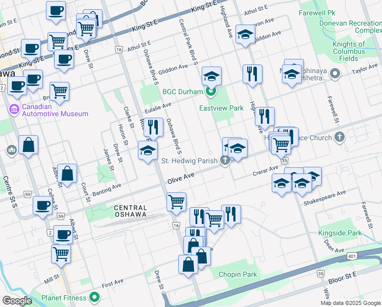 map of restaurants, bars, coffee shops, grocery stores, and more near 294 Verdun Road in Oshawa