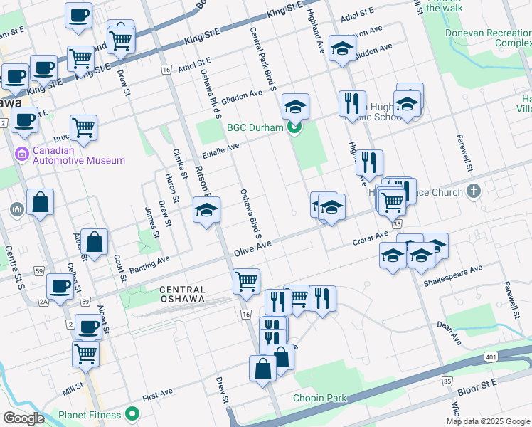 map of restaurants, bars, coffee shops, grocery stores, and more near 294 Verdun Road in Oshawa