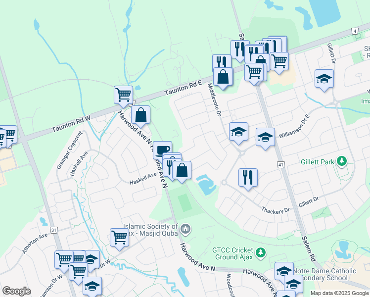 map of restaurants, bars, coffee shops, grocery stores, and more near 55 Decourcy-Ireland Circle in Ajax