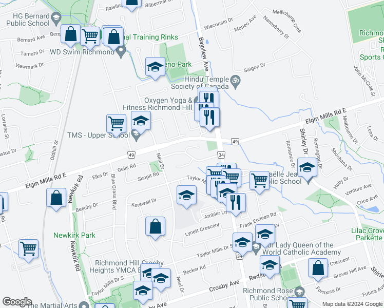 map of restaurants, bars, coffee shops, grocery stores, and more near 415 Alper Street in Richmond Hill