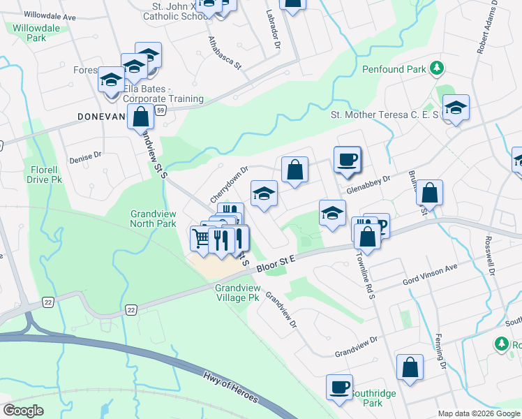 map of restaurants, bars, coffee shops, grocery stores, and more near 547 Annandale Street in Oshawa