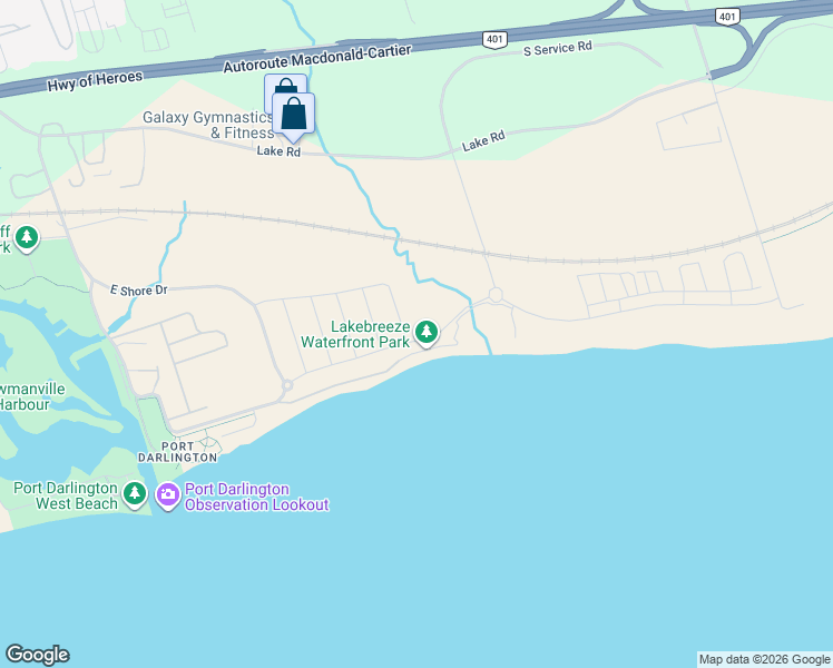 map of restaurants, bars, coffee shops, grocery stores, and more near 130 East Beach Road in Bowmanville