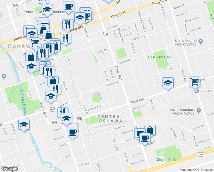 map of restaurants, bars, coffee shops, grocery stores, and more near 241 Drew Street in Oshawa