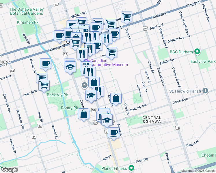 map of restaurants, bars, coffee shops, grocery stores, and more near in Oshawa