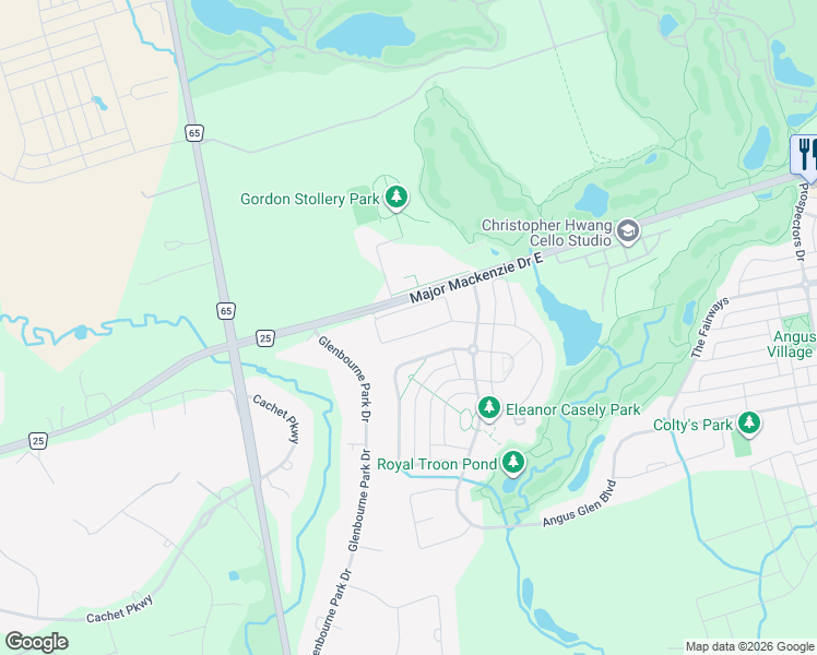 map of restaurants, bars, coffee shops, grocery stores, and more near 24 Royal West Road in Markham