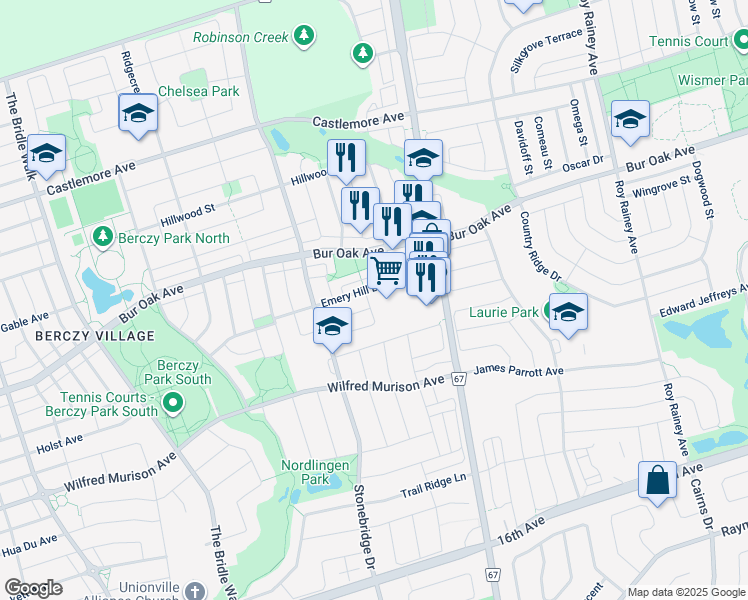 map of restaurants, bars, coffee shops, grocery stores, and more near 5 Cliveden Place in Markham