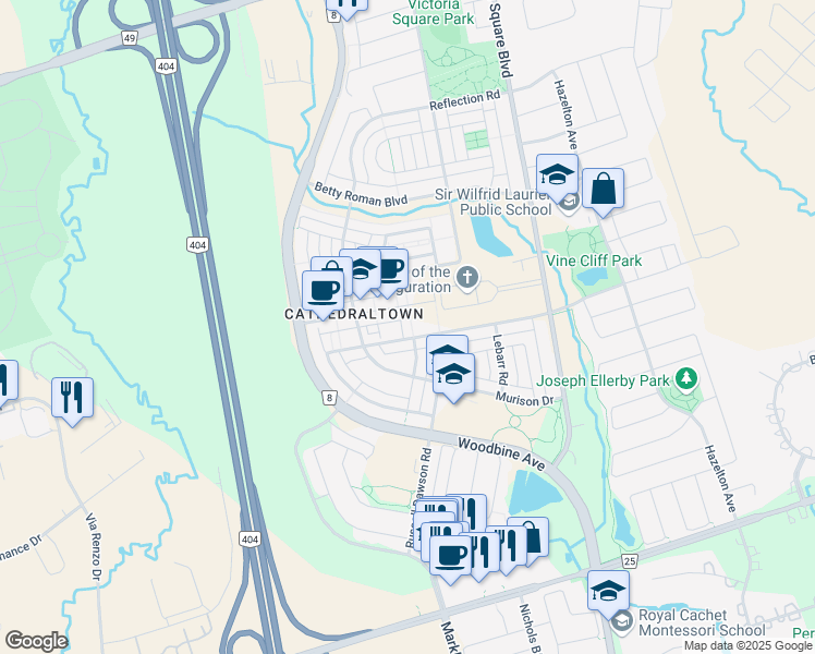 map of restaurants, bars, coffee shops, grocery stores, and more near 9 Ruskov Lane in Markham