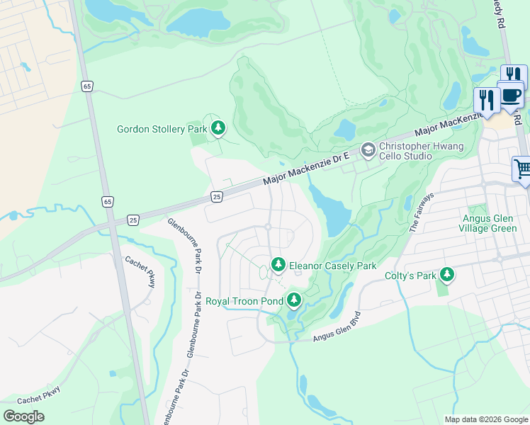 map of restaurants, bars, coffee shops, grocery stores, and more near 275 Angus Glen Boulevard in Markham
