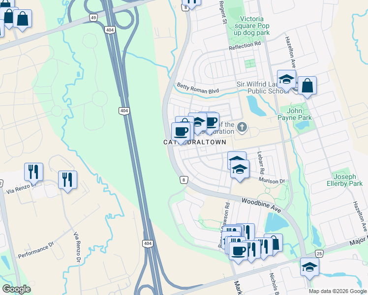 map of restaurants, bars, coffee shops, grocery stores, and more near 13 Cathedral High Street in Markham