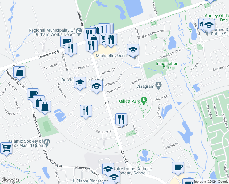 map of restaurants, bars, coffee shops, grocery stores, and more near 50 Oswell Drive in Ajax