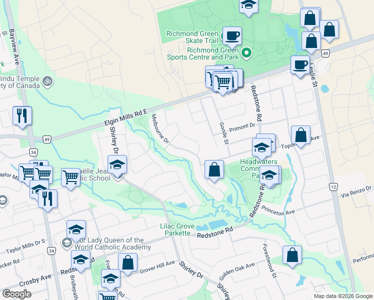 map of restaurants, bars, coffee shops, grocery stores, and more near Melbourne Drive in Richmond Hill
