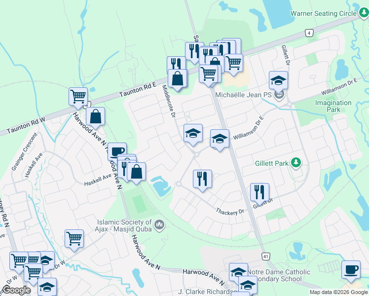 map of restaurants, bars, coffee shops, grocery stores, and more near 14 Middlecote Drive in Ajax