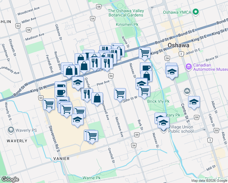 map of restaurants, bars, coffee shops, grocery stores, and more near 90 Park Road South in Oshawa
