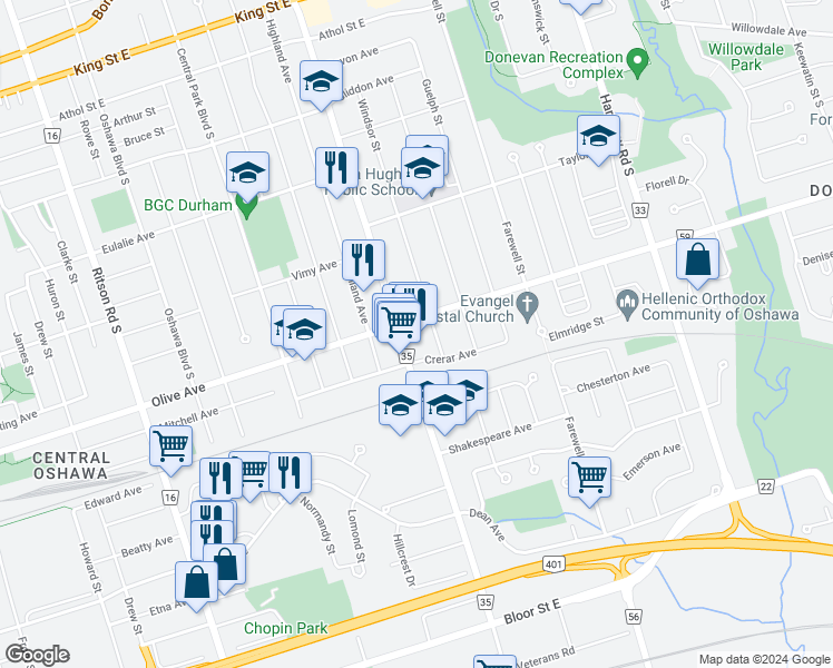 map of restaurants, bars, coffee shops, grocery stores, and more near 377 Wilson Road South in Oshawa