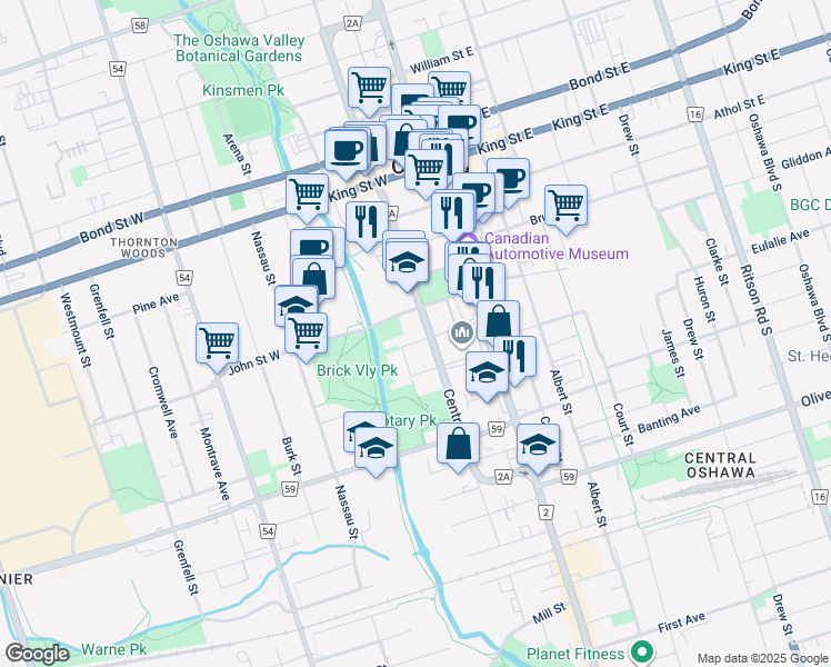 map of restaurants, bars, coffee shops, grocery stores, and more near in Oshawa