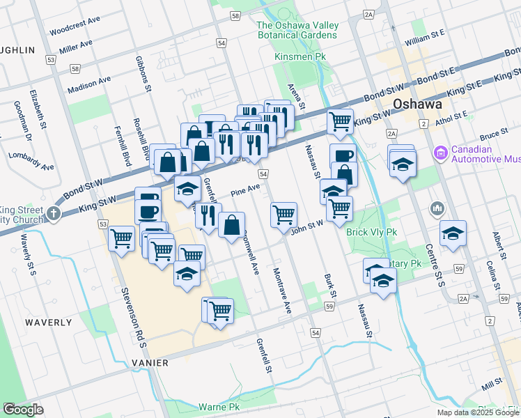 map of restaurants, bars, coffee shops, grocery stores, and more near in Oshawa