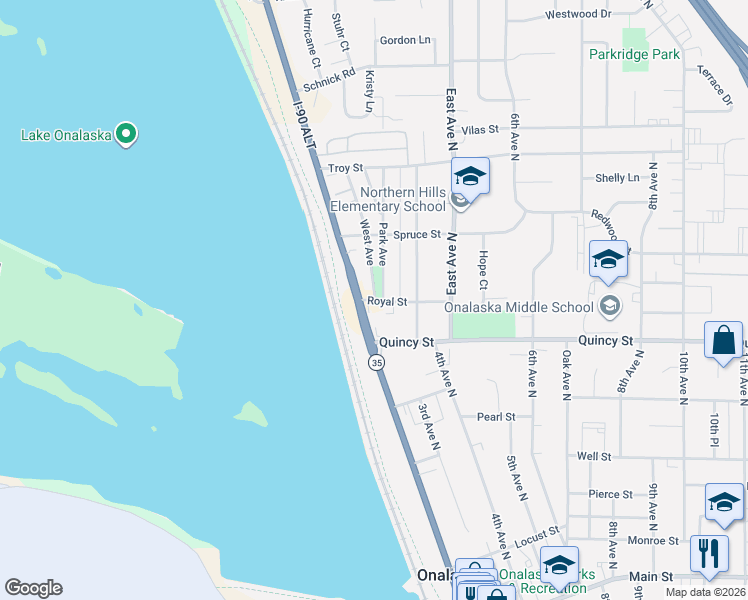 map of restaurants, bars, coffee shops, grocery stores, and more near 205 Royal Street in Onalaska
