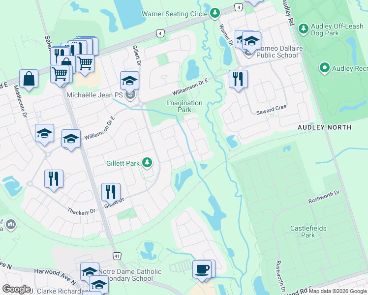 map of restaurants, bars, coffee shops, grocery stores, and more near 30 Hunwicks Crescent in Ajax