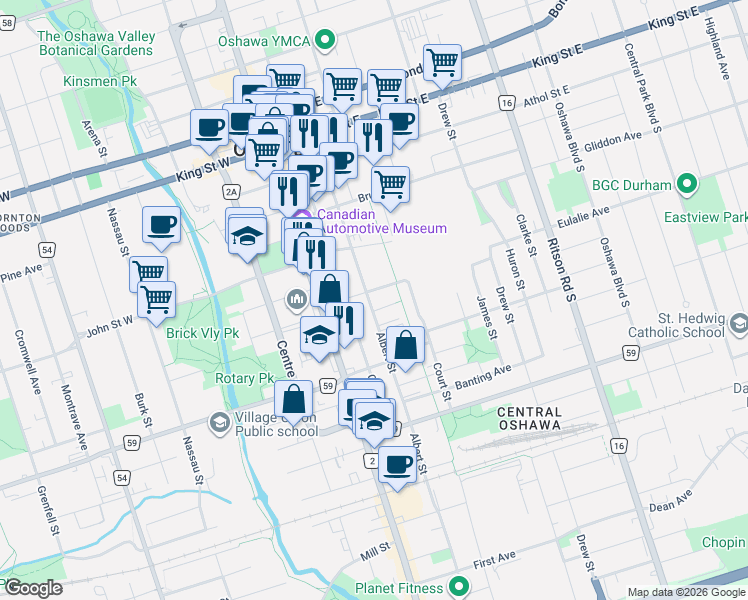 map of restaurants, bars, coffee shops, grocery stores, and more near 195 Albert Street in Oshawa