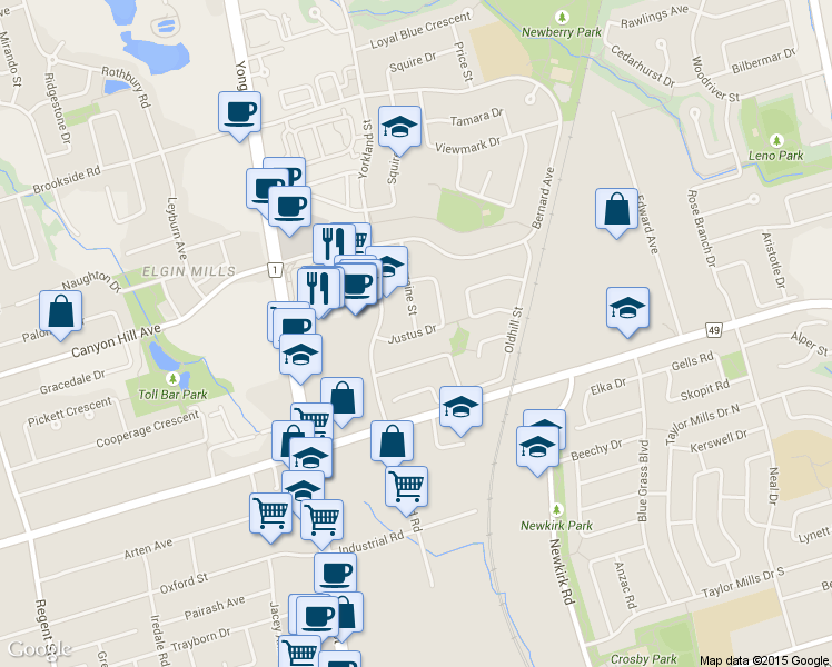 map of restaurants, bars, coffee shops, grocery stores, and more near Justus Drive in Richmond Hill
