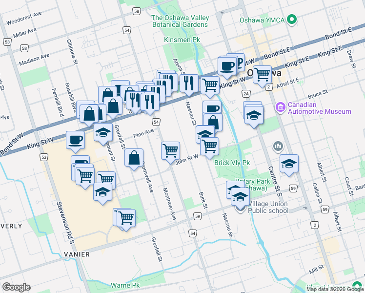 map of restaurants, bars, coffee shops, grocery stores, and more near 100 Burk Street in Oshawa