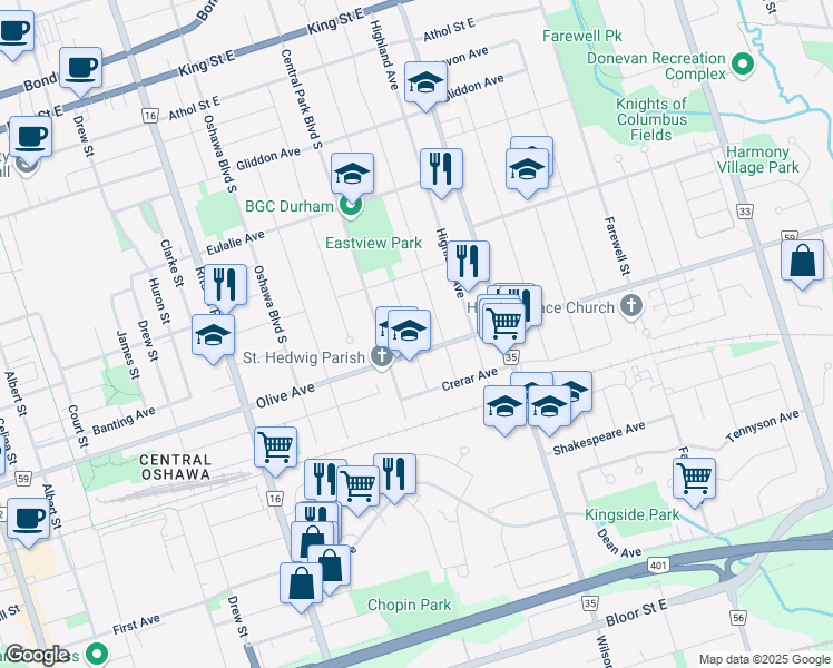 map of restaurants, bars, coffee shops, grocery stores, and more near 325 Lasalle Avenue in Oshawa