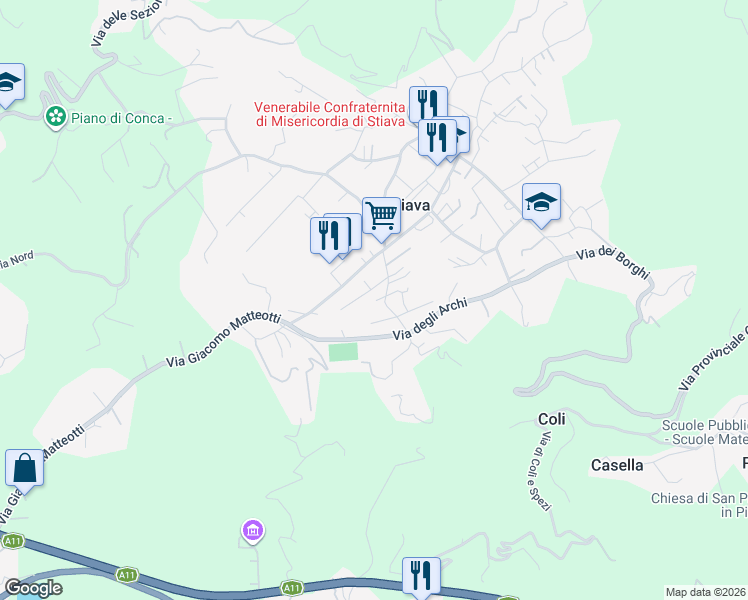 map of restaurants, bars, coffee shops, grocery stores, and more near 160E Via Emilia Sud in Stiava