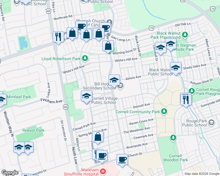 map of restaurants, bars, coffee shops, grocery stores, and more near 2799 Bur Oak Avenue in Markham