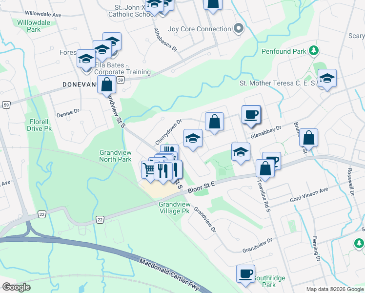 map of restaurants, bars, coffee shops, grocery stores, and more near 547 Annandale Street in Oshawa