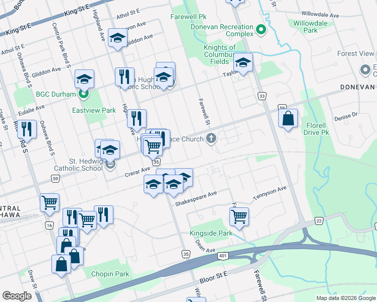 map of restaurants, bars, coffee shops, grocery stores, and more near 371 Baldwin Street in Oshawa