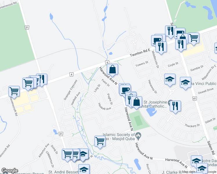 map of restaurants, bars, coffee shops, grocery stores, and more near 38 Feint Drive in Ajax