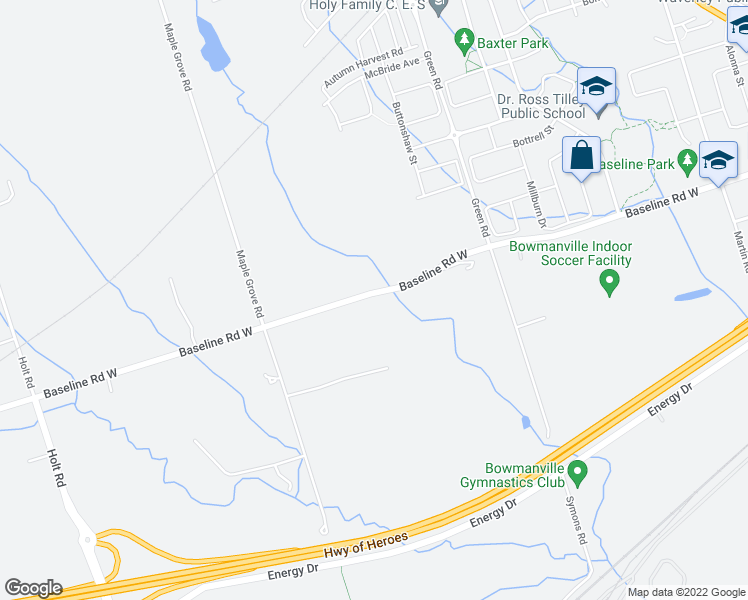 map of restaurants, bars, coffee shops, grocery stores, and more near 2299 Baseline Road West in Bowmanville