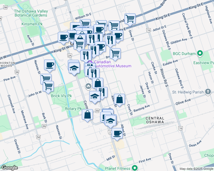 map of restaurants, bars, coffee shops, grocery stores, and more near 190 Albert Street in Oshawa