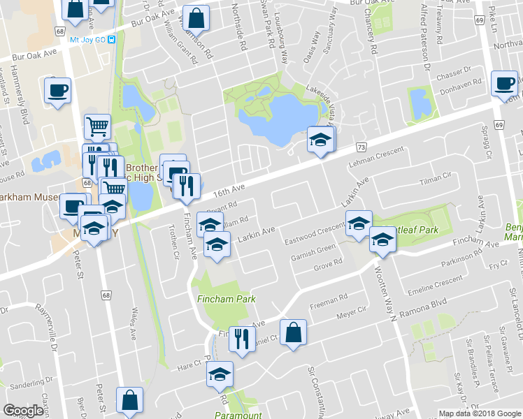 map of restaurants, bars, coffee shops, grocery stores, and more near 11 Bryant Road in Markham