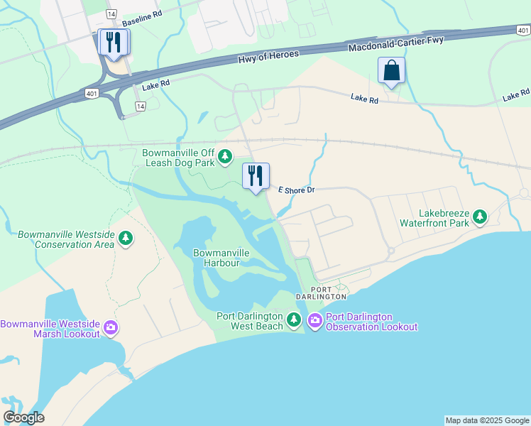 map of restaurants, bars, coffee shops, grocery stores, and more near 70 Port Darlington Road in Bowmanville