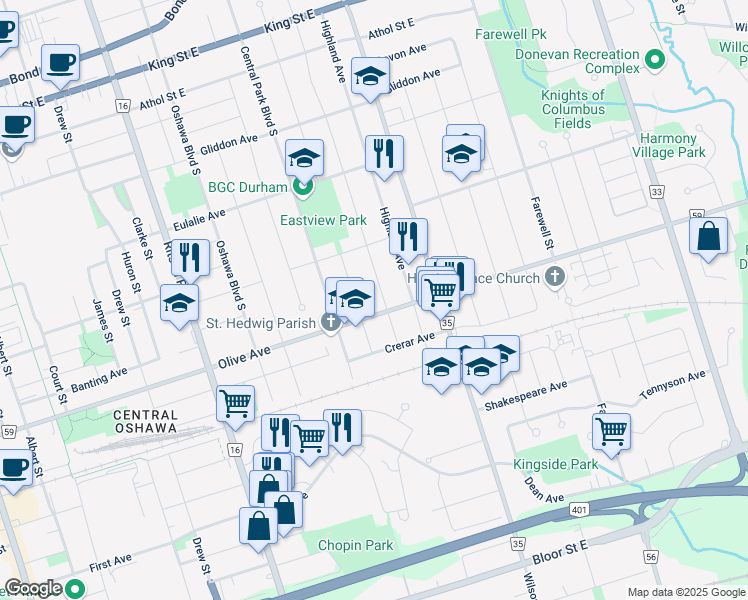 map of restaurants, bars, coffee shops, grocery stores, and more near 325 Lasalle Avenue in Oshawa