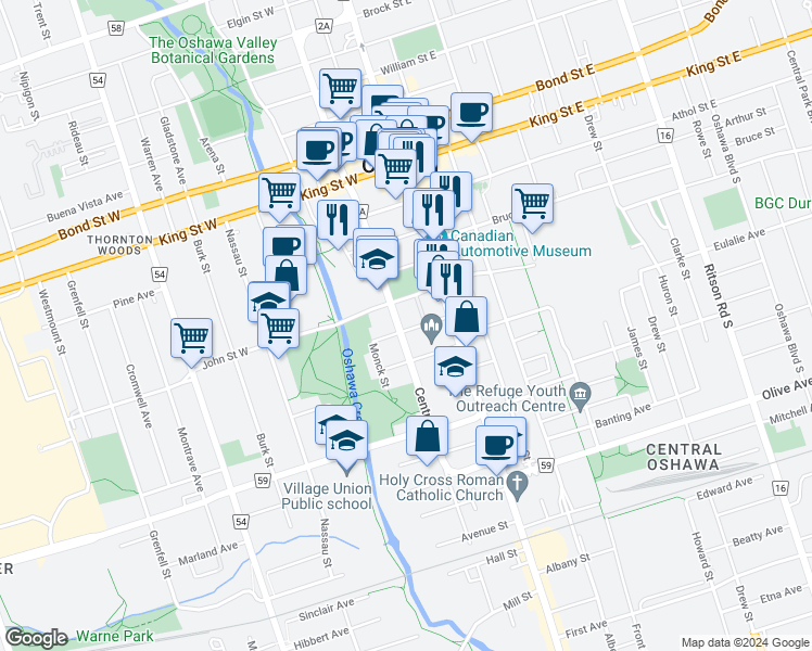 map of restaurants, bars, coffee shops, grocery stores, and more near in Oshawa
