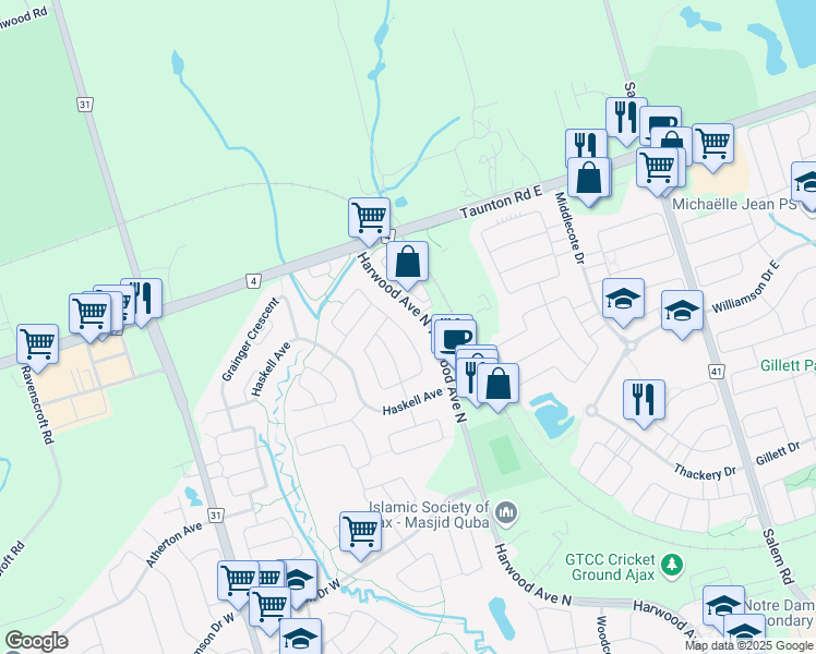 map of restaurants, bars, coffee shops, grocery stores, and more near in Ajax