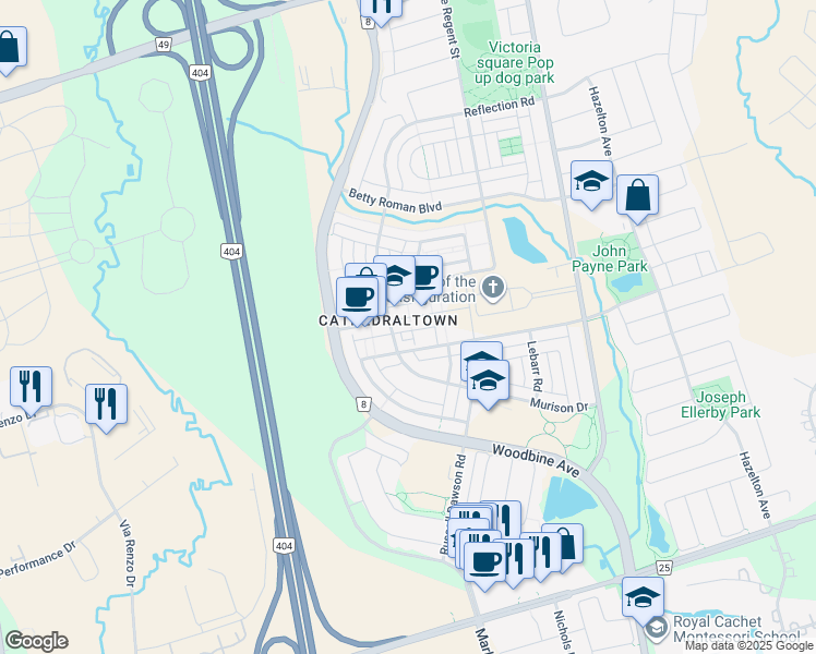 map of restaurants, bars, coffee shops, grocery stores, and more near 59 Vandaam Lane in Markham