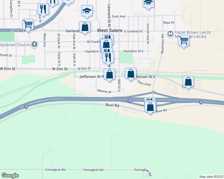 map of restaurants, bars, coffee shops, grocery stores, and more near 124 Rhyme Street in West Salem