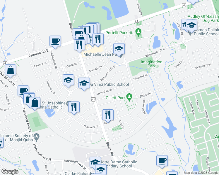 map of restaurants, bars, coffee shops, grocery stores, and more near 48 Kirk Avenue in Ajax